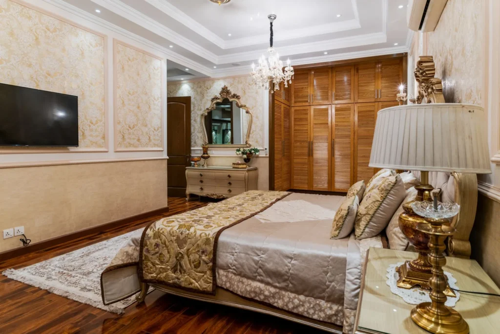 Elegant bedroom interior with warm lighting