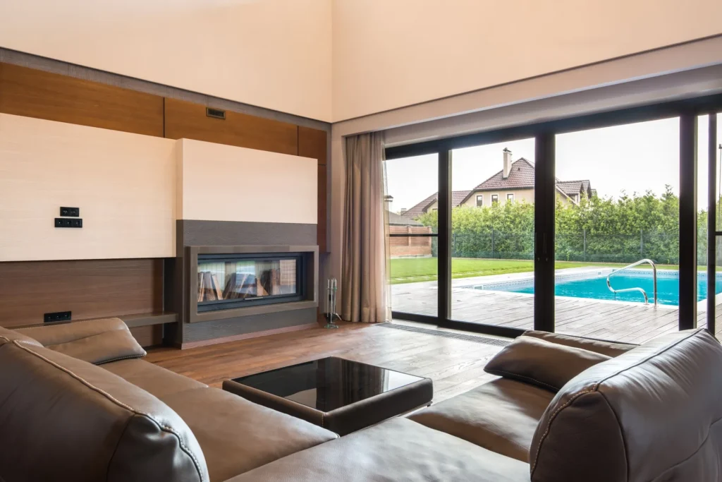 Vacation home living room with pool views