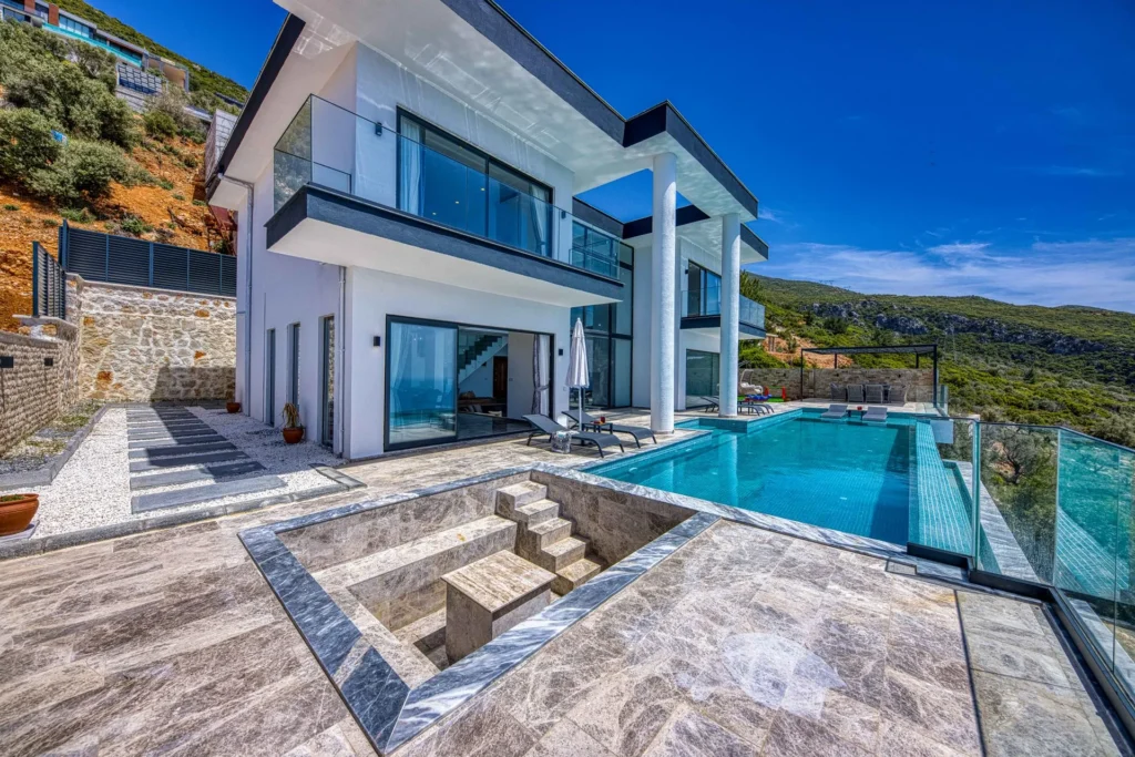 Vacation rental home exterior with a pool